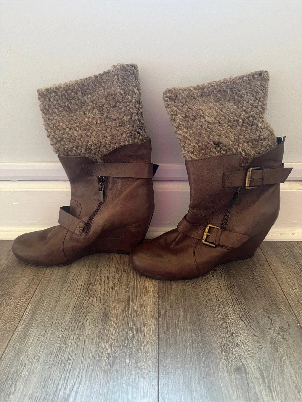 Vero Cuoio Brown Leather Wedge Boots with Knit Cuff and Buckle Detail
